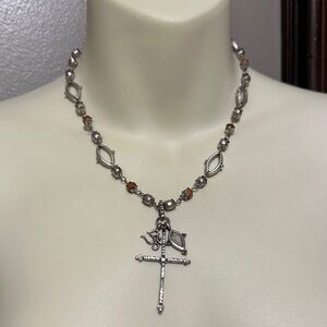 Lucky Brand Silver-Tone Cross Pendant Necklace with Brown Accent Beads